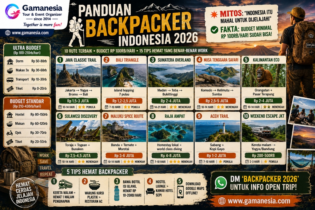 Panduan Backpacker Indonesia 2026: 10 Rute Terbaik, Budget Harian & Tips Hemat untuk Keliling Nusantara | Gamanesia